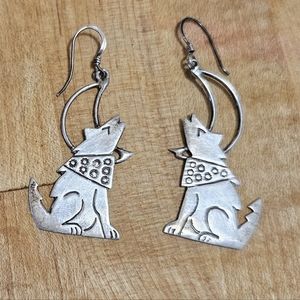 Sterling Silver Wolf Howling at the Moon Dangle Earrings